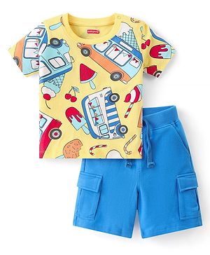 Babyhug Single Jersey  Knit  T-Shirt & Shorts Set with Car Print - Yellow & Blue