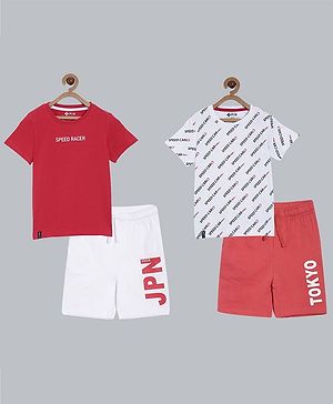 3PIN Pack Of 2 Half Sleeves Speed Text Printed Tees With Shorts - Red White & Peach