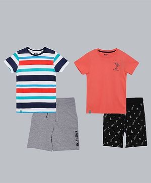 3PIN Pack Of 2 Half Sleeves Striped & Guitar Palm Tree Printed Tees With Shorts - Multi Colour