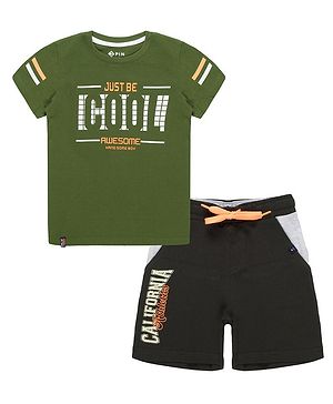 3PIN Half Sleeves Just Be Cool Text Printed Tee & Shorts Set - Green & Black