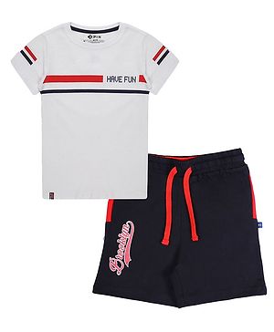 3PIN Half Sleeves Have FunText Printed Tee & Shorts Set - White & Navy Blue