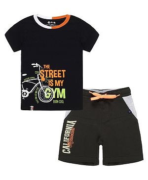3PIN Cotton Lycra Half Sleeves Bicycle Printed Comfortable Breathable Tee & Shorts Set - Black & Grey