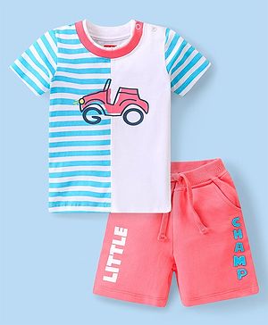 Babyhug Single Jersey Knit Half Sleeves T-Shirt &  Shorts Set with Striped  & Car Print - Blue & Red