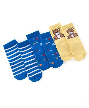 Cute Walk by Babyhug Anti Bacterial Ankle Length Socks Striped & Teddy Design Pack of 3 - Blue & Yellow