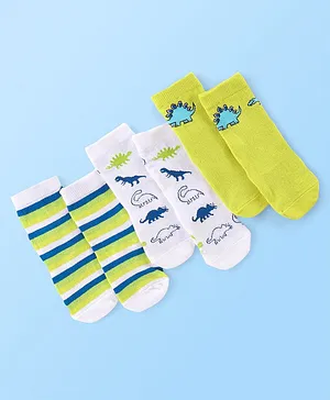 Cute Walk by Babyhug Anti Bacterial Ankle Length Socks Striped & Dino Design Pack of 3 - Multicolour