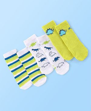 Cute Walk by Babyhug Anti Bacterial Ankle Length Socks Striped & Dino Design Pack of 3 - Multicolour