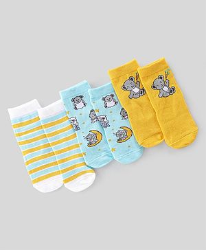 Cute Walk by Babyhug Anti Bacterial Ankle Length Socks with Striped & Teddy Bear Design - Blue Yellow & White