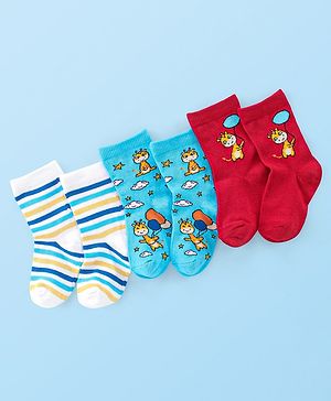 Cute Walk by Babyhug Anti Bacterial Ankle Length Socks Giraffe Design Pack Of 3 - Multicolour