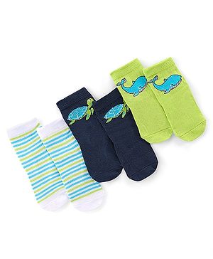 Cute Walk by Babyhug Anti Bacterial Ankle Length Socks Whale Design Pack Of 3 - Multicolour