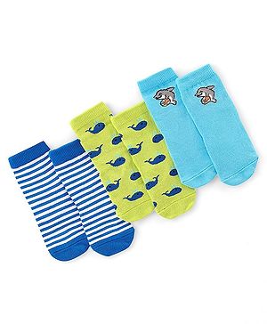 Cute Walk by Babyhug Anti Bacterial Ankle Length Socks Whale Design Pack Of 3 - Multicolour