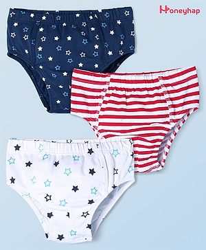 Honeyhap Premium Cotton Knit With Bio Finish Briefs Striped & Star Print Pack Of 3 - Grey Melange  High Risk Red & Navy Peony