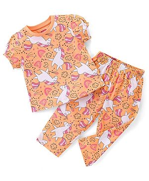 Babyhug Cotton Knit Half Sleeves Night Suit With Unicorn Print - Orange