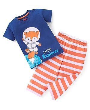 Babyhug Single Jersey Knit Half Sleeves Night Suit Striped & Fox Print - Navy Blue  & Orange