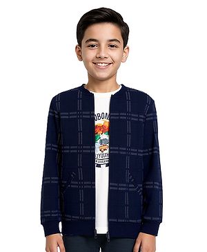 CAVIO Cotton Knit Full Sleeves Checked Zipper Jacket With Tee - Navy Blue
