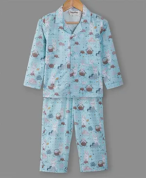 Hugsntugs Cotton Full Sleeves Bunny Printed Coordinating Night Suit - Sky Blue