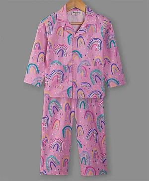 Hugsntugs Cotton Full Sleeves Rainbow Printed Coordinating Night Suit - Pink