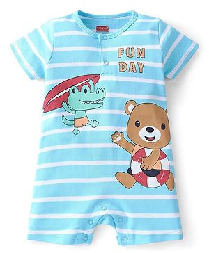 Babyhug 100% Cotton Knit Interlock Half Sleeves Romper with Striped & Animals Print - Blue