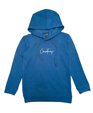 CAVIO Cotton Full Sleeves Self Designed & Text Printed Hooded Sweatshirt - Blue