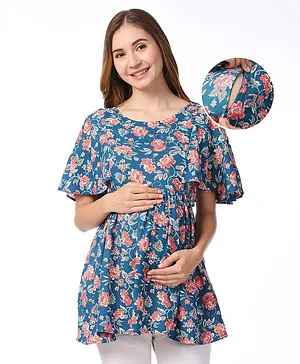 Bella Mama Woven Ruffle Sleeves Maternity Top With Floral Print - Teal