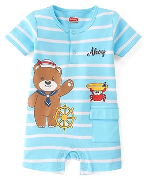 Babyhug 100% Cotton Knit Half Sleeves Romper with Bear Print - Blue