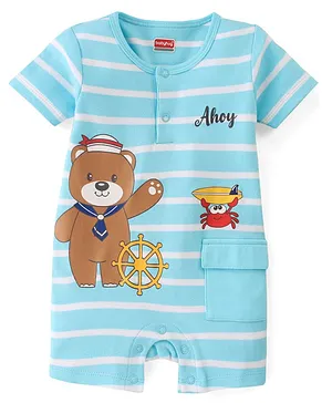 Babyhug 100% Cotton Knit Half Sleeves Romper with Bear Print - Blue