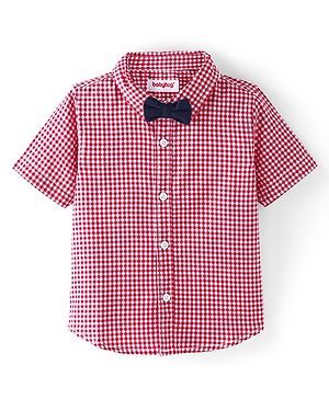 Babyhug 100% Cotton Woven Half Sleeve Regular Collar Checks Shirt with Bow Applique - Red