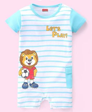 Babyhug 100% Cotton Knit Half Sleeves Striped Romper with Lion Print - Blue
