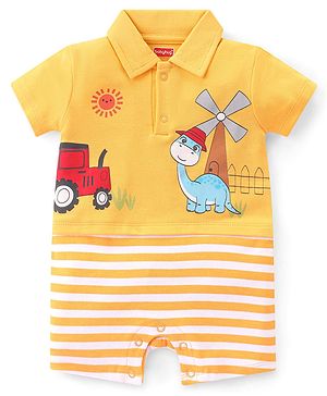 Babyhug 100% Cotton Knit Half Sleeves Romper With Striped Print - Yellow