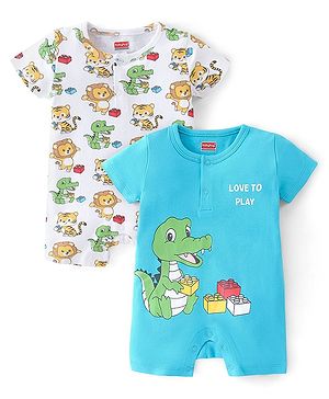 Babyhug 100% Cotton Half Sleeves Romper With Animals Print Pack Of 2 - Blue & White