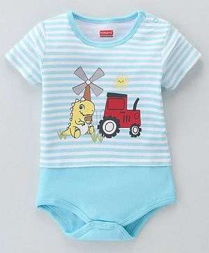 Babyhug 100% Cotton Knit Half Sleeves Onesie Dino Print - Blue