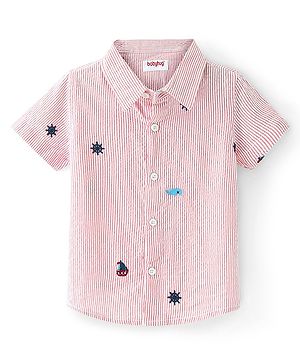 Babyhug Cotton Woven Half Sleeves Striped Shirt with Boat & Anchor Embroidery - Red