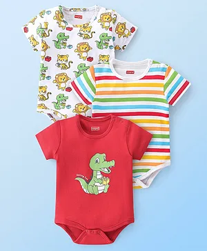 Babyhug 100% Cotton Knit Half Sleeves Onesies Striped & Crocodile Print Pack of 3  - Multicolour