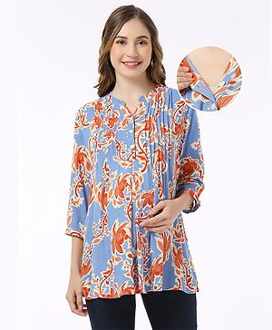 Bella Mama Viscose Woven with Pintucks Three Fourth Sleeves Maternity Top with Floral Print - Blue