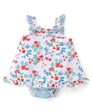 Babyhug 100% Cotton Knit Sleeveless Frock Style Onesie With Floral Print - Multicolour