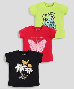 giniekids Pack Of 3 Half Sleeves
                              Butterfly & Flower Printed Tees -
                              Black Green & Rani Pink
