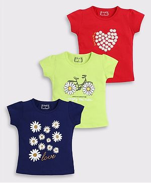 giniekids Pack Of 3 Half Sleeves Flower & Heart Printed Tees - Navy Blue Green & Red