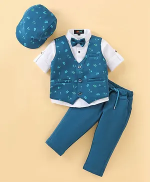 Robo Fry Cotton Knit Full Sleeves Party Suit with Cap & Bow - Blue