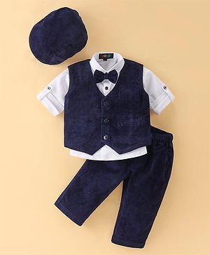 Robo Fry Cotton Knit Full Sleeves Party Suit  with Bow & Hat Solid Colour - Blue