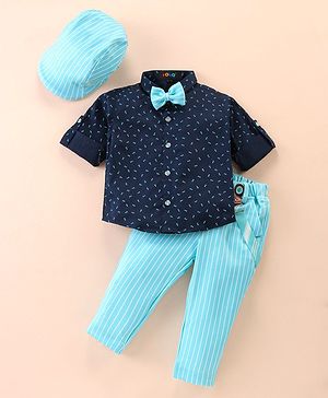 Robo Fry Cotton Woven Full Sleeves Printed Shirt & Striped Trouser Set with Bow Hat & Suspender - Aqua Blue