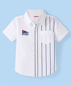 Babyhug Cotton Half Sleeve Striped Shirt with Text Embroidery - White & Blue