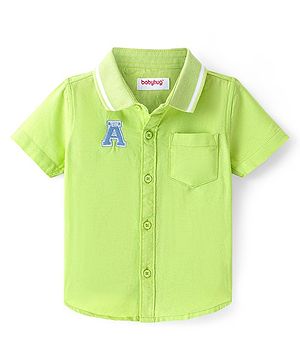 Babyhug Cotton Woven Half Sleeve Regular Rib Collar Solid Shirt with Applique- Green
