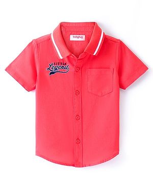 Babyhug Cotton Woven Half Sleeve Regular Rib Collar Solid Shirt with Text Embroidery - Red