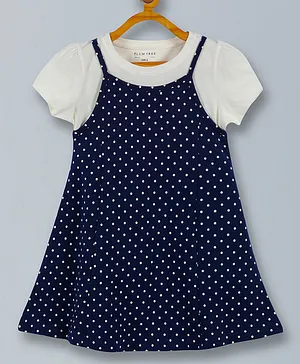 Plum Tree Cotton Polka Dots Printed Dress With Half Sleeves Solid Tee - White & Navy Blue