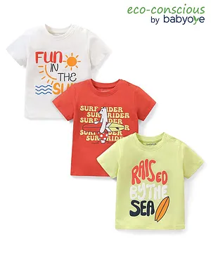 Babyoye  100% Cotton Knit  Half Sleeves T-Shirts with Text Print Pack of 3 - Multicolour