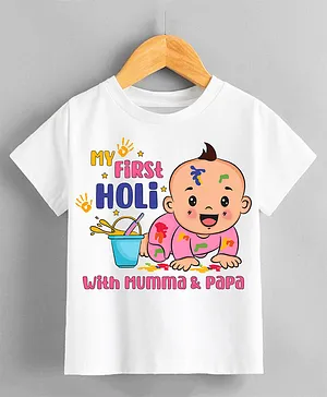 KNITROOT Holi Theme Half Sleeves  My First Holi With Mumma Papa Text Printed Tee - White