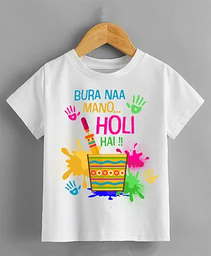 KNITROOT Holi Theme Half Sleeves Bura Na Mano Holi Hai Text Printed Tee - White