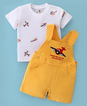 ToffyHouse 100% Cotton Dungaree with Half Sleeves T-Shirt Airplanes Printed - Gold & White