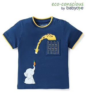 Babyoye Peaknit Pique Half Sleeves T-Shirt Giraffe & Elephant Print - Blue