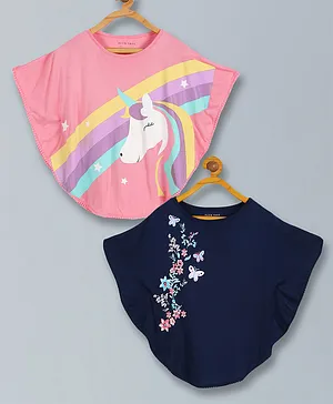 Plum Tree Pack Of 2 Half Sleeves Floral & Unicorn Printed Tops - Pink & Navy Blue