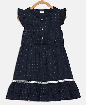 Aomi Cap Frill Sleeves Polka Dot Printed Tiered Cotton Dress - Navy Blue